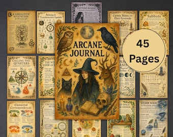 Op de afbeelding: Een Arcane Journal met 45 pagina's, met een heksenillustratie, een zwarte kat, een uil en een raaf. Kleinere kaarten rond het tijdschrift tonen teksten als "Calling the Quarters" en "Elemental Correspondences".