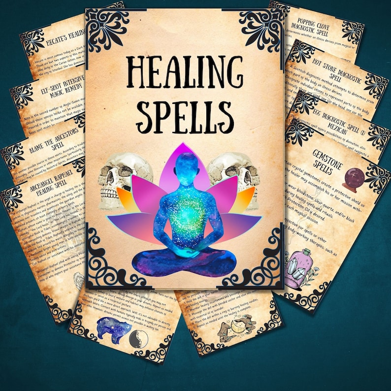 May include: A collection of printable healing spell cards with a variety of magical healing spells. The cards feature a variety of illustrations, including skulls, crystals, and a person meditating. The text on the cards includes the names of the spells, such as "Elf-Spot Intensive Magic Remedy" and "Gemstone Spells".
