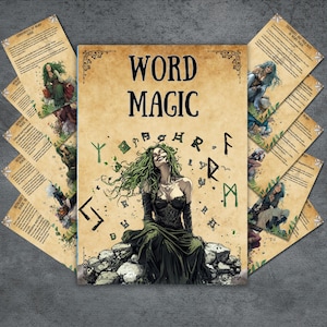 May include: A green-haired woman with a mischievous smile sits on a stone wall. She is surrounded by runes and the words "Word Magic".
