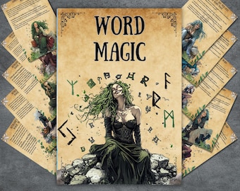 Könnte beinhalten: Eine Frau mit grünem Haar und einem schelmischen Lächeln sitzt auf einer Steinmauer. Sie ist von Runen und den Worten "Word Magic" umgeben.