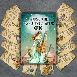 May include: A guide to invoking and creating an altar for the Greek Muse Terpsichore, the Muse of Dance and Music. The guide features a colorful illustration of Terpsichore playing a cello, surrounded by musical instruments and a book. The guide includes instructions for rituals, offerings, and altar setup.
