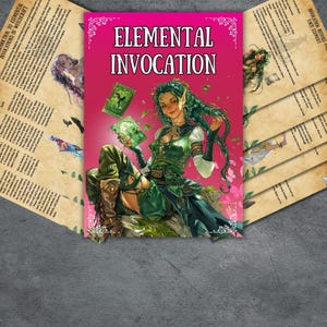 May include: A fantasy book cover with the title "ELEMENTAL INVOCATION" in white text on a pink background. The cover art features a woman with green hair and clothing, holding glowing green books. Surrounding the book are aged paper pages.