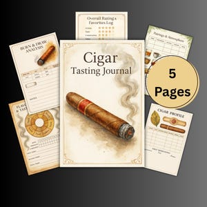 May include: A watercolor-style Cigar Tasting Journal with 5 pages. The journal features a detailed illustration of a lit cigar with smoke, and includes pages for burn analysis, flavor and taste, and cigar profile.