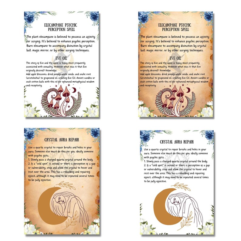 May include: Four illustrated cards with a vintage aesthetic. Each card features a different image and text. The first card features a mushroom illustration and the text "Elecampane Psychic Perception Spell". The second card features a mushroom illustration and the text "Elecampane Psychic Perception Spell". The third card features a woman sleeping and the text "Crystal Aura Repair". The fourth card features a woman sleeping and the text "Crystal Aura Repair".