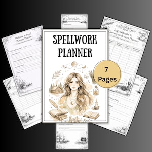 Puede incluir: Un "Planificador de Hechizos" de 7 páginas, con una ilustración central de una mujer con cabello largo, rodeada de elementos celestiales y botánicos. El planificador incluye secciones para el cierre de hechizos, ingredientes y correspondencias.