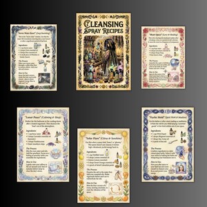 Pode incluir: Uma cole&ccedil;&atilde;o de seis cart&otilde;es de receitas decorativas para sprays de limpeza. Os cart&otilde;es apresentam ilustra&ccedil;&otilde;es de ingredientes e instru&ccedil;&otilde;es, com t&iacute;tulos como "Storm Water Reset" e "Solar Flare". O tema geral &eacute; m&iacute;stico e espiritual.