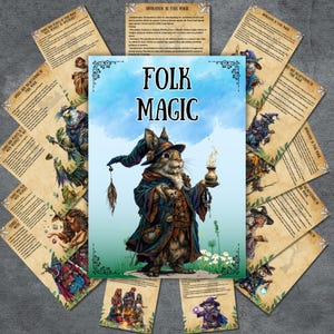 May include: A whimsical illustration of a rabbit wearing a blue and brown wizard's robe and hat, holding a small jar. The rabbit is surrounded by flowers and the text "Folk Magic" is written in large, bold letters above the rabbit.