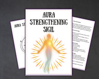 May include: Three white cards with purple borders and text. The central card reads "AURA STRENGTHENING SIGIL" with a glowing figure illustration. The other cards have text and a star design. The cards are on a dark grey surface.