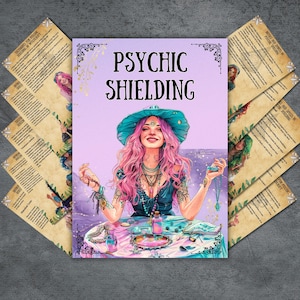 Op de afbeelding: Een digitale illustratie van een vrouw met roze haar en een turquoise hoed, zittend aan een tafel met een kristallen bol en andere magische voorwerpen. De tekst "PSYCHIC SHIELDING" staat in grote, vetgedrukte letters bovenaan de afbeelding.