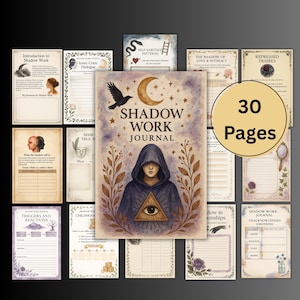 May include: A collection of journal pages with a central "Shadow Work Journal" cover featuring a hooded figure, an eye symbol, and the text "Shadow Work Journal". The pages include titles like "Triggers and Reactions" and "Unacknowledged Emotions". The image also displays "30 Pages".