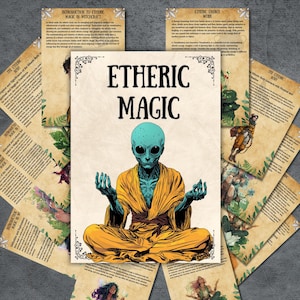 Può includere: Un'illustrazione digitale di una persona con la pelle blu che medita in una veste gialla. Il testo "ETHERIC MAGIC" è scritto in grandi caratteri grassetto sopra la persona. L'immagine è circondata da immagini più piccole di piante e testo sulla "Magia Eterica".