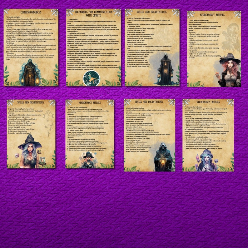 May include: A set of eight vintage-style cards with illustrations of witches and text about spells, incantations, and necromancy rituals. The cards have a parchment-like background with ornate borders and are decorated with floral elements.
