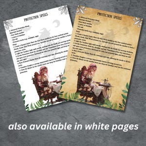 Op de afbeelding: Twee pagina's met de tekst "PROTECTION SPELLS" en rituele instructies. De pagina's bevatten een illustratie van een vrouw met roze haar. De tekst "also available in white pages" staat onderaan.