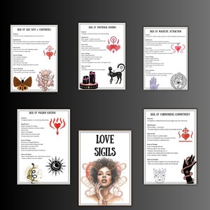 May include: A collection of six white-framed art prints with black text and illustrations. The prints feature titles like "Sigil of Self-Love & Confidence" and "Love Sigils." The artwork includes hearts, butterflies, and a portrait of a woman.