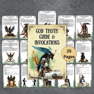 Op de afbeelding: Een gids- en invocatieboek getiteld "God Thoth" met een illustratie van een Egyptische godheid. Het boek is omgeven door informatieve pagina's. De omslag toont een levendige afbeelding van de godheid met blauwe en gouden accenten. Het boek heeft 25 pagina's.