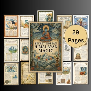 May include: A set of 29 Tibetan Himalayan Magic cards. The central card displays a seated Buddha, the text "Secret Tibetan Himalayan Magic," and a mountain scene. Other cards detail elemental forces, mantras, and deities.