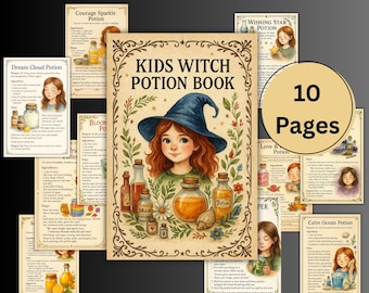 Kids Witch Potion Book, Potion Recipes, Magic cookbook kids, pretend recipes grimoire pages, Magic potions Recipes Book, Kids BOS