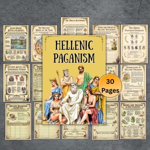 Può includere: Una raccolta di guide di 30 pagine sul paganesimo ellenico. L'immagine centrale presenta dei e dee greci. Varie pagine informative circondano l'immagine centrale, con titoli come "Divinità e spiriti meno noti" e "I dodici Olimpi."