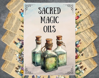 May include: A printable set of 12 cards with instructions for making sacred magic oils. The cards have a parchment-like background and feature illustrations of bottles of oil. The title of the set is "Sacred Magic Oils".