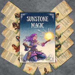 May include: A purple-haired woman with glasses casts a spell using a sunstone. The image is surrounded by cards with text about sunstone magic.