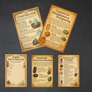 Peut inclure: Ensemble de cartes de style vintage avec des informations sur les cristaux. Les cartes comprennent des titres tels que "Guide de s&eacute;curit&eacute; des cristaux", "Cristaux pour l'abondance et la prosp&eacute;rit&eacute;" et "Gu&eacute;rison avec les cristaux".