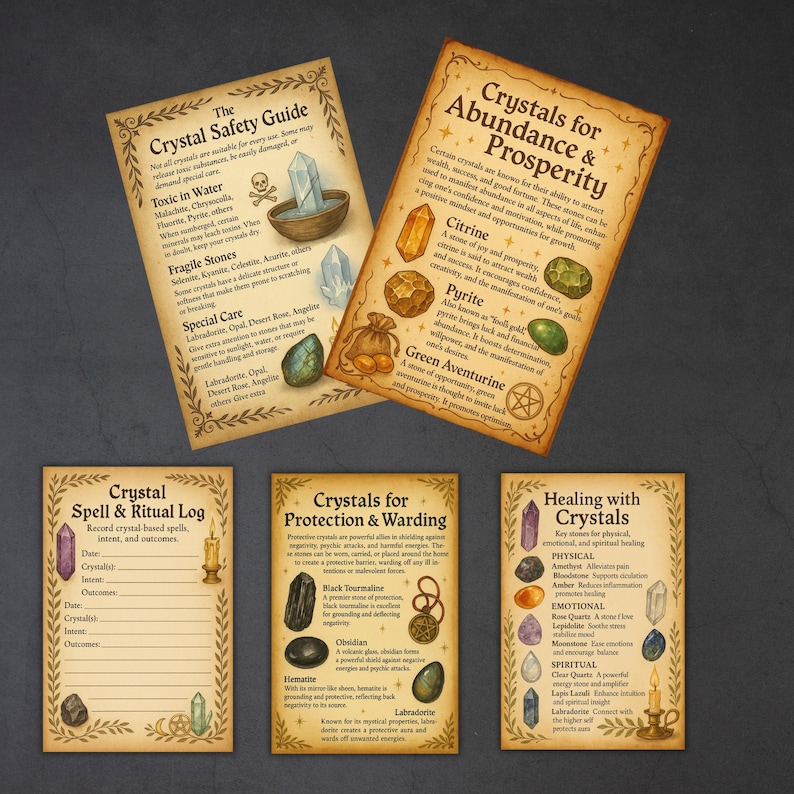 Peut inclure: Ensemble de cartes de style vintage avec des informations sur les cristaux. Les cartes comprennent des titres tels que "Guide de s&eacute;curit&eacute; des cristaux", "Cristaux pour l'abondance et la prosp&eacute;rit&eacute;" et "Gu&eacute;rison avec les cristaux".