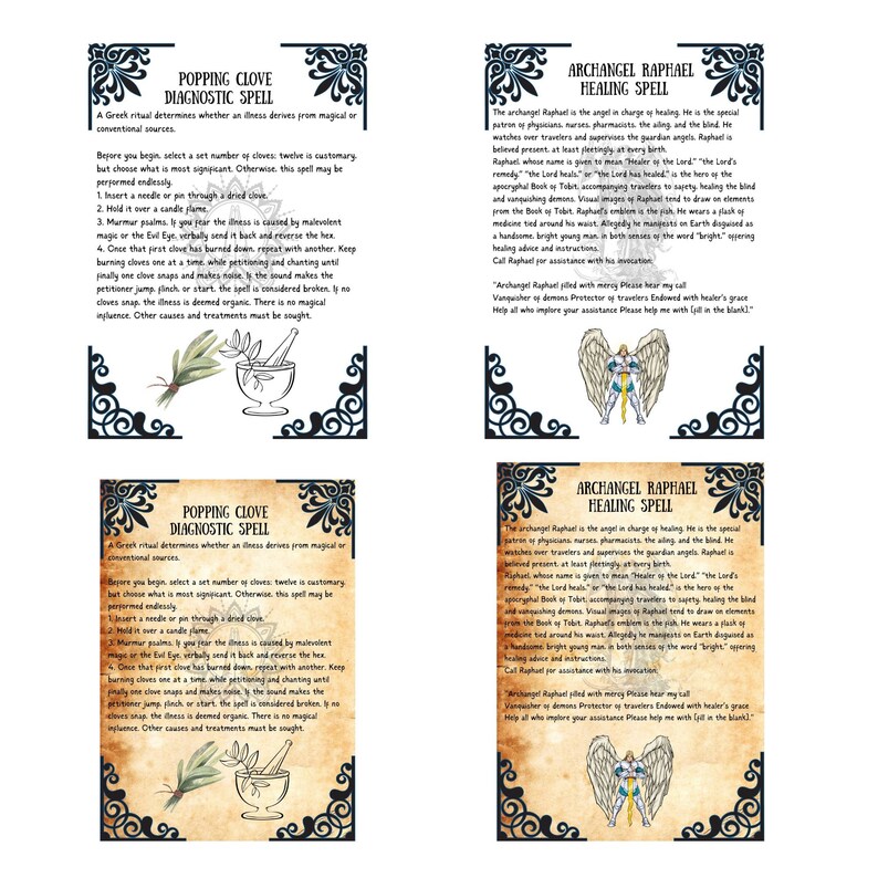 Op de afbeelding: Twee vintage-achtige kaarten met zwarte randen en sierlijke ontwerpen. De eerste kaart toont een kruidnagel en een vijzel met stamper, met de tekst "Popping Clove Diagnostic Spell". De tweede kaart toont een illustratie van de engel Raphael met de tekst "Archangel Raphael Healing Spell".