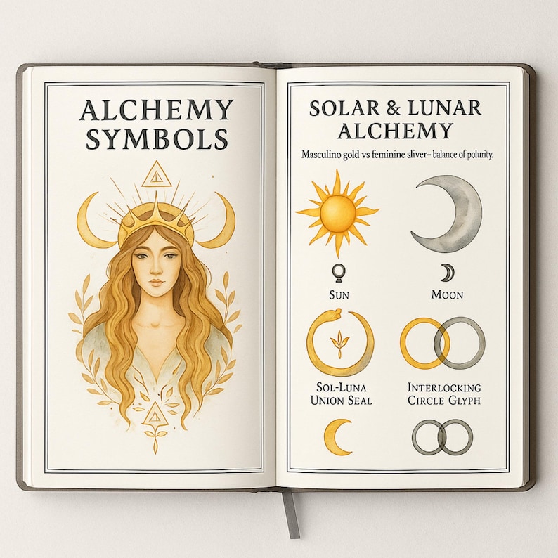 Puede incluir: Diario abierto con ilustraciones de s&iacute;mbolos de alquimia. Una p&aacute;gina presenta una mujer con corona y lunas crecientes, titulada "Alchemy Symbols". La p&aacute;gina opuesta muestra un sol, una luna y otros s&iacute;mbolos, titulada "Solar & Lunar Alchemy."