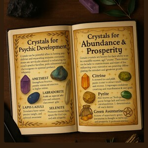 Peut inclure: Un livre ouvert pr&eacute;sente des informations sur les cristaux pour le d&eacute;veloppement psychique et l'abondance. Les pages pr&eacute;sentent du texte et des illustrations de divers cristaux, tels que l'am&eacute;thyste et la citrine, avec une bordure d&eacute;corative.