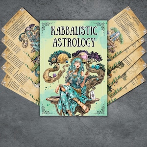 May include: A book titled "Kabbalistic Astrology" with a teal and green cover featuring an illustration of a woman with blue hair. Several tan-colored cards with illustrations and text are fanned out around the book.