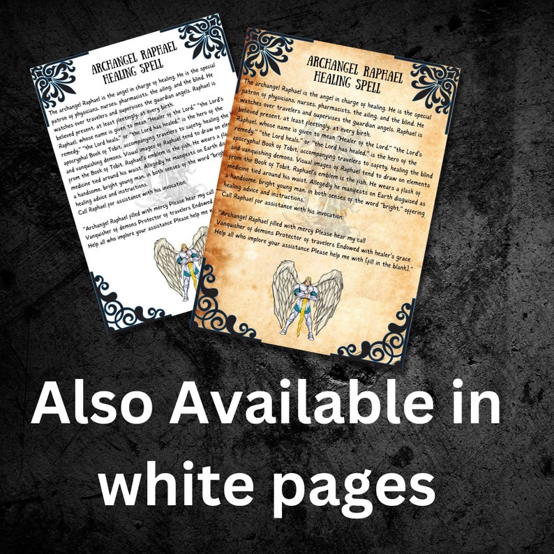 May include: Two vintage-style printable pages with a white background and black text. The pages feature an illustration of the archangel Raphael, a healing spell, and the text "Archangel Raphael Healing Spell".