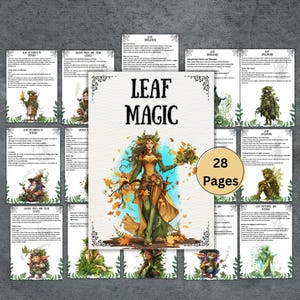 May include: A book titled "LEAF MAGIC" with a woman illustration in green and gold, surrounded by pages with text and illustrations. The book cover features a woman with a crown of leaves, holding a bouquet of leaves. The book has 28 pages.