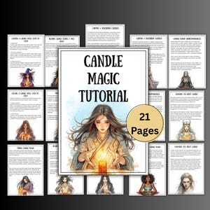 Puede incluir: Un conjunto de folletos de tutoriales de 21 páginas sobre magia con velas. El folleto central presenta una ilustración en acuarela de una persona sosteniendo una vela encendida. Los folletos circundantes detallan hechizos con velas, correspondencias de colores y técnicas de tallado.