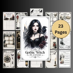 Puede incluir: Un planificador de bruja gótica de 23 páginas, con una mujer de pelo oscuro con un cuervo, rodeada de velas y rosas. El planificador incluye secciones para rituales, seguimiento de sombras y hechizos, con el título "Gothic Witch Planner".