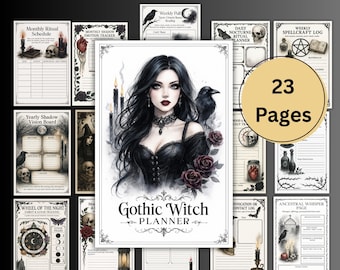 May include: A Gothic Witch Planner with 23 pages, featuring a dark-haired woman with a raven, surrounded by candles and roses. The planner includes sections for rituals, shadow tracking, and spellcraft, with the title "Gothic Witch Planner".