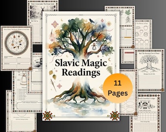 Puede incluir: Un conjunto de 11 páginas de Lecturas de Magia Eslava. La página central presenta una ilustración en acuarela de un árbol con el texto "Slavic Magic Readings". Las páginas circundantes incluyen gráficos y guías con bordes decorativos y texto.