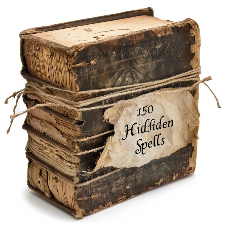 Puede incluir: Un libro grueso, desgastado, encuadernado en cuero con una etiqueta que dice "150 hechizos ocultos". El libro est&aacute; atado con cuerda y parece muy viejo.