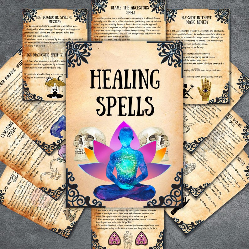 May include: A set of vintage-style cards with instructions for healing spells. The cards feature illustrations of skulls, a meditating figure, and a hand with an eye. The text on the cards includes titles such as "Egg Diagnostic Spell", "Blame the Ancestors Spell", and "Elf-Shot Intensive Magic Remedy".