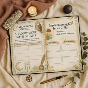 May include: An open journal with the text "Shadow Work Journal" and "Shadow Work With Dreams". The journal has illustrations of an owl, a dreamcatcher, and a feather quill. A lit candle, sage bundle, and pen are next to the journal.