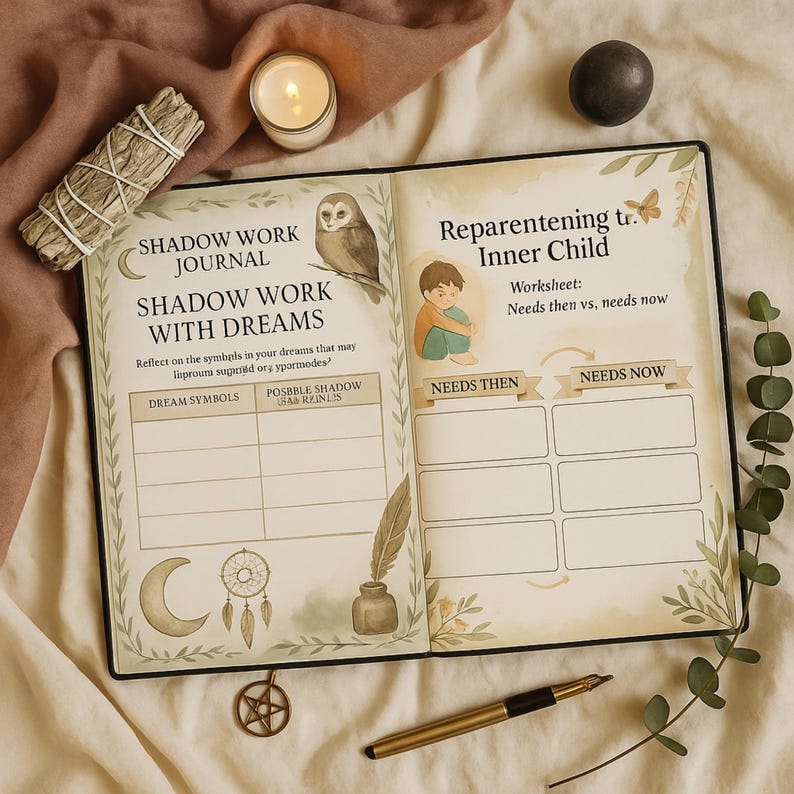 May include: An open journal with the text "Shadow Work Journal" and "Shadow Work With Dreams". The journal has illustrations of an owl, a dreamcatcher, and a feather quill. A lit candle, sage bundle, and pen are next to the journal.