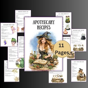 以下が含まれることがあります： 「APOTHECARY RECIPES」というタイトルの11ページのレシピ本。魔女の帽子をかぶった女性がポーションとハーブに囲まれているイラストが表紙に描かれています。「APOTHECARY RECIPES」というタイトル。様々なレシピページが見えます。