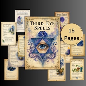 Puede incluir: Un conjunto de 15 páginas de Hechizos del Tercer Ojo, con ilustraciones en acuarela. La imagen central muestra un ojo azul dentro de una estrella, rodeado de patrones arremolinados. Páginas adicionales detallan varios hechizos, incluyendo Clairaudience Bell Spell.