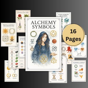 May include: A collection of 16-page alchemy symbol prints. The central image features a woman in a blue hooded robe surrounded by alchemical symbols. Additional pages display sigils, plant sigils, and alchemical animals.