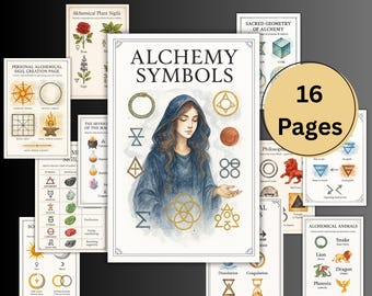 Símbolos secretos de alquimia, páginas de grimorio, diccionario ocultista, sigilos alquímicos, libro de brujería, conocimiento esotérico, magia, brujería, BOS