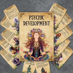 May include: A vintage-style illustration of a woman meditating with a colorful crown and chakras. The text "PSYCHIC DEVELOPMENT" is at the top of the image. The image is surrounded by smaller images of women with text about psychic development and witchcraft.