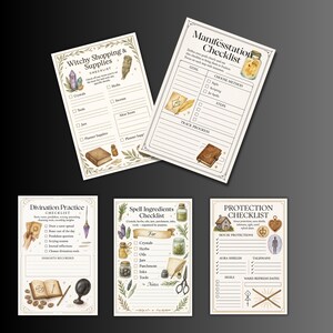 K&ouml;nnte beinhalten: F&uuml;nf illustrierte Checklistenkarten mit Titeln wie "Witchy Shopping & Supplies" und "Manifestation Checklist". Die Karten zeigen Aquarellillustrationen und Text, ideal f&uuml;r verschiedene Praktiken.