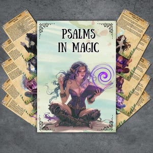 May include: A purple-haired woman with elf ears sits cross-legged, reading a book with a swirling purple magical effect above her. The text on the page reads "Psalms in Magic".
