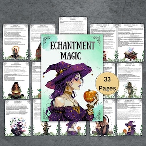 Op de afbeelding: Een digitale kunstprint getiteld "Enchantment Magic" met een heks met paars haar en een hoed, die een pompoen vasthoudt. De print is omgeven door informatieve pagina's. De tekst "33 Pages" is zichtbaar.