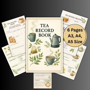 May include: A collection of tea-themed stationery, including a "Tea Record Book" with illustrations of teacups, teapots, and tea leaves. The set includes 6 pages in A3, A4, and A5 sizes, perfect for tea enthusiasts.