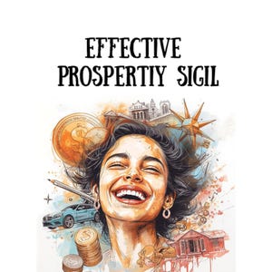 May include: An illustration featuring a smiling person with the text "EFFECTIVE PROSPERTIY SIGIL". The image incorporates symbols of wealth, including coins, a car, and a house, representing themes of prosperity and success.